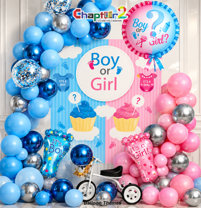 Gender reveal balloon garland kit with pink and blue footprint foil balloons and backdrop