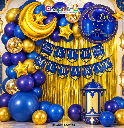 Eid Mubarak balloon garland kit with crescent moon, lantern foil balloon, and banner