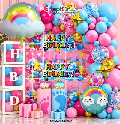 Rainbow cloud balloon garland kit with smiling cloud foil balloon and backdrop