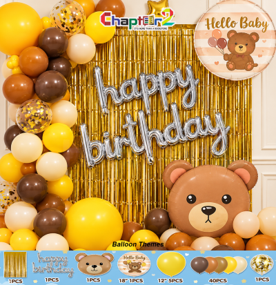 Teddy bear theme balloon arch decoration kit with cute bear foil balloon, Hello Baby round foil, cursive silver letters, and fringe curtain