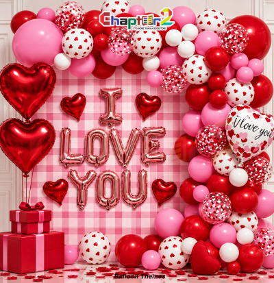 I love you balloon garland arch kit with red heart balloons and rose gold I Love You letters