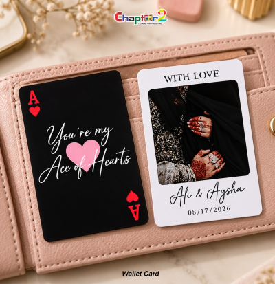 front view of dark charcoal ace of hearts hard plastic wallet card with pink heart and cursive you are my ace of hearts text