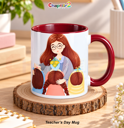 Customized teachers day mug showing female teacher holding yellow flowers hugged by students and hero quote on maroon two-tone ceramic