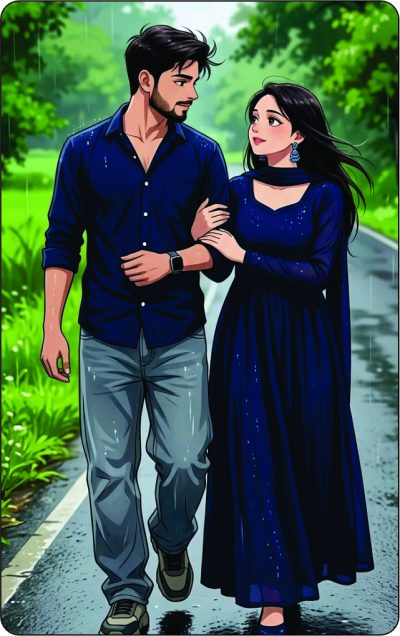 front view of romantic couple walking arm-in-arm in the rain hard plastic wallet card