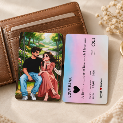 front view of romantic couple sitting on a garden swing hard plastic wallet card