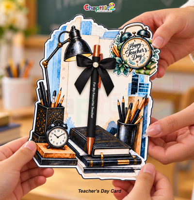 Teachers day card with pen featuring vintage study desk artwork with alarm clocks, desk lamp, book stacks, pen holders, and executive pen