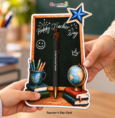 Teachers day card with pen featuring chalkboard art with blue star, world globe, vintage books, pencil mug, and executive pen