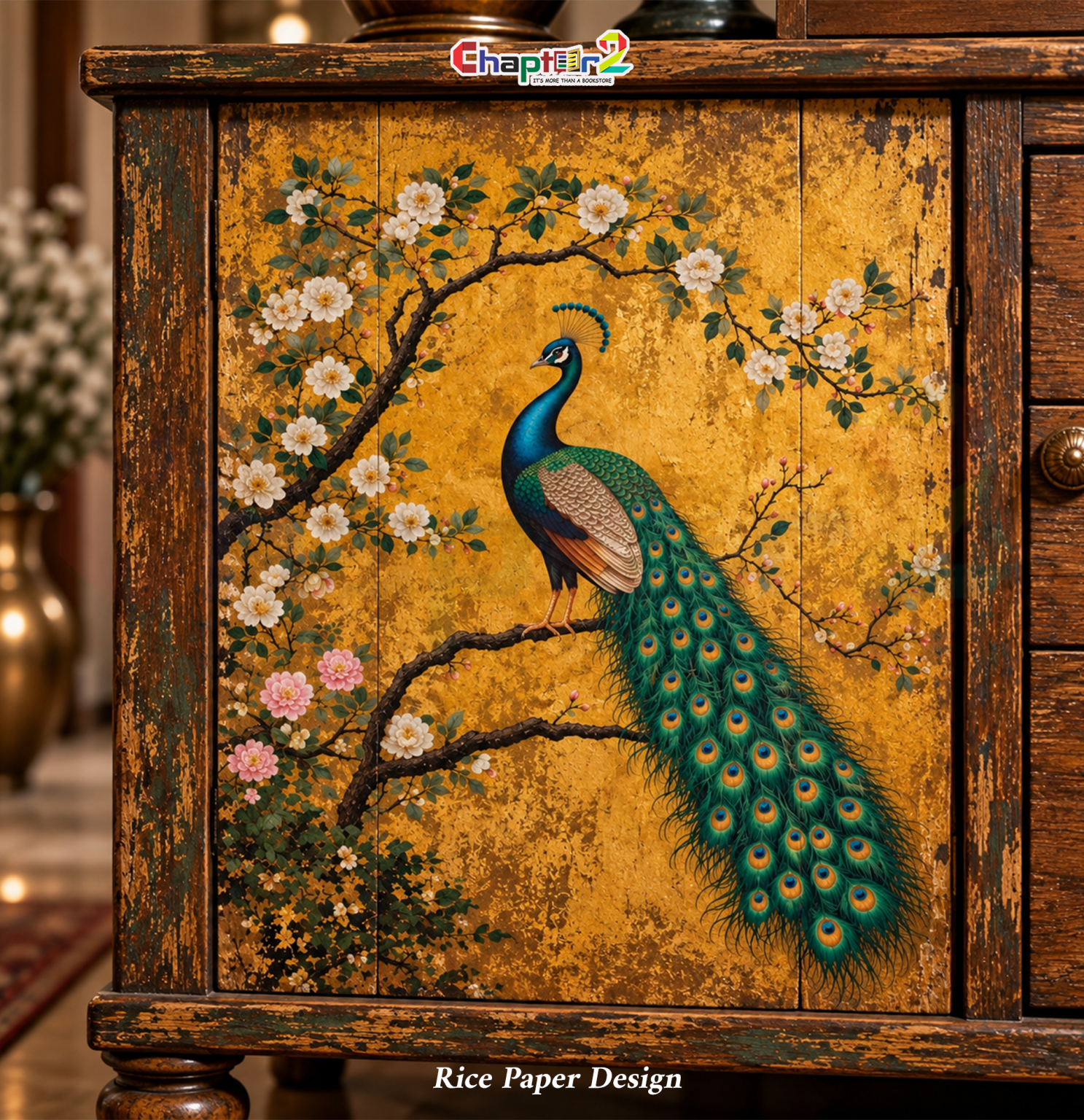 Gold Leaf Peacock Rice Paper | Decoupage Sheet