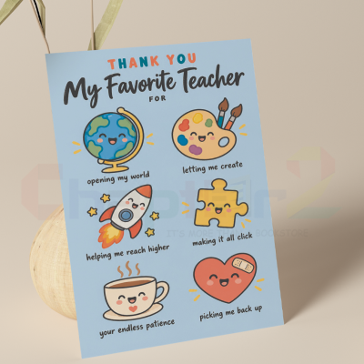 Teachers day card featuring cute doodle icons of a globe, paint palette, rocket, puzzle piece, coffee cup, and heart