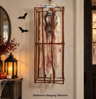 Caged skeleton prisoner halloween hanging skeleton with horror sound in cage