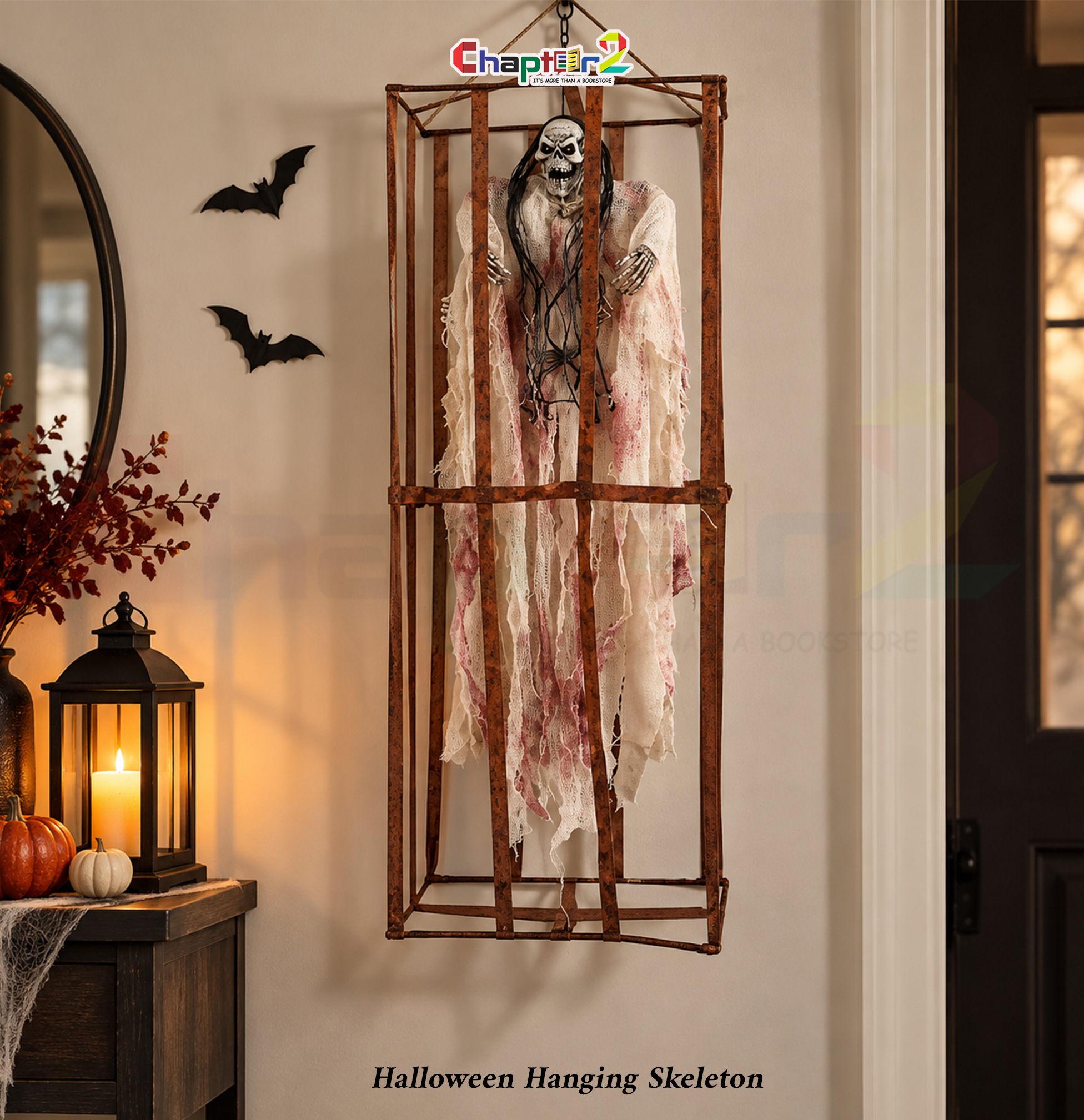 2a Caged skeleton prisoner halloween hanging skeleton with horror sound in cage