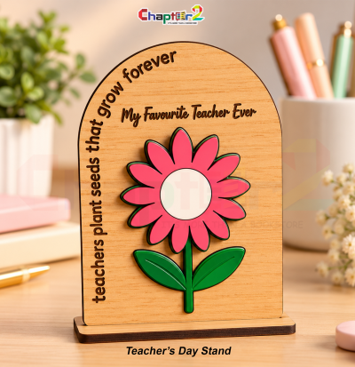Teacher's day wooden standee arched desk plaque with 3D pink acrylic flower and engraved quotes