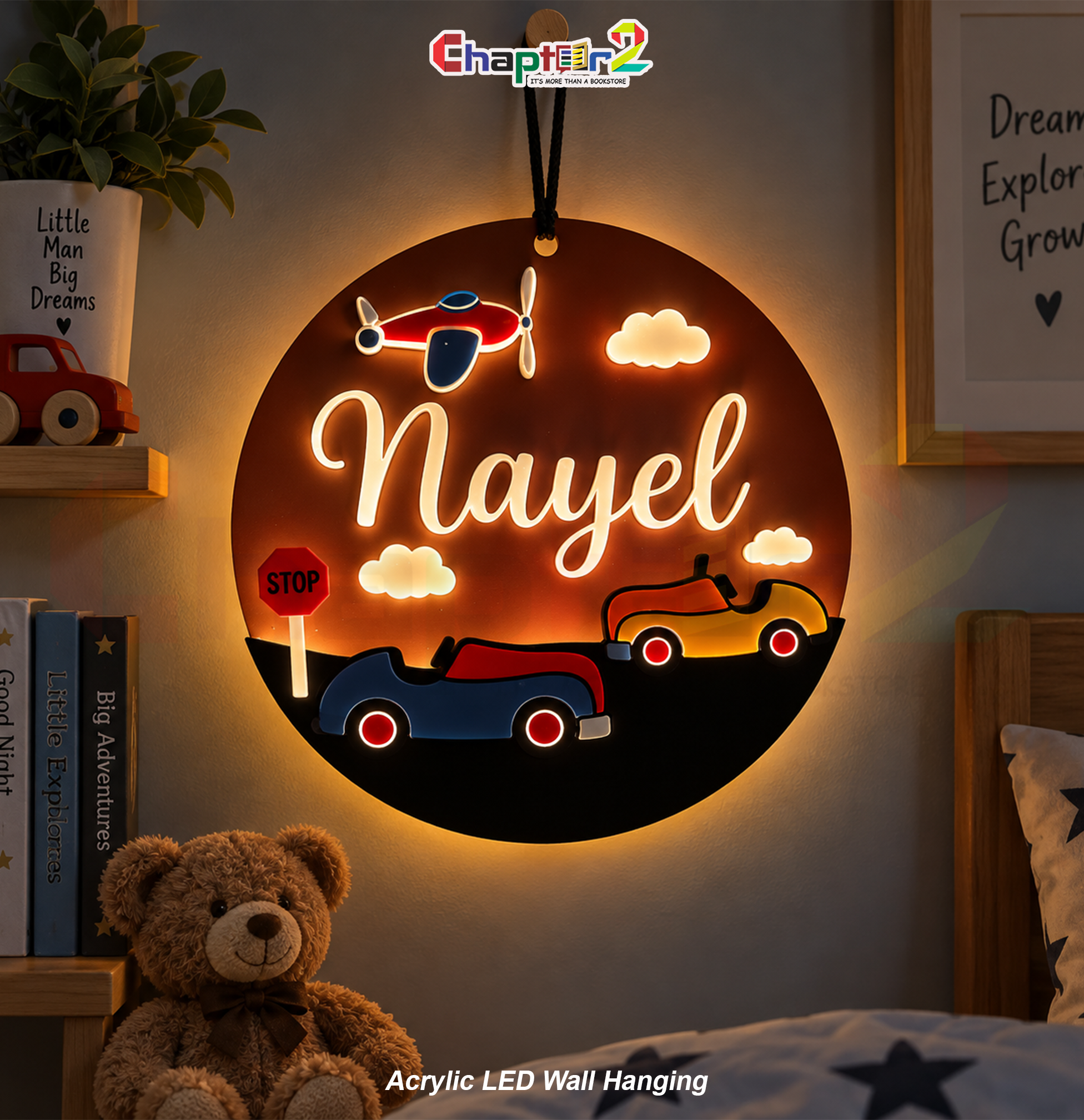 2b personalized custom acrylic LED wall hanging customized according to customer requirements with 3D cars airplane and name for kids room