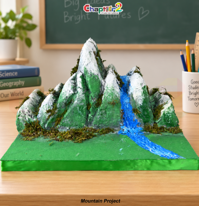 3d student project mountain model customized according to customer requirements with snow peaks waterfall and moss for geography science exhibition