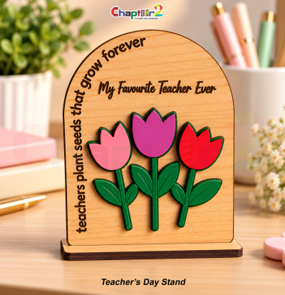 Teacher's day standee arched desk plaque with 3D colorful acrylic tulips and wood press back support