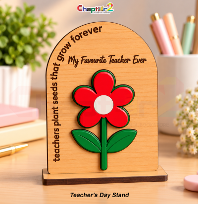 Teacher's day standee arched desk plaque with 3D red acrylic flower and wood press back support
