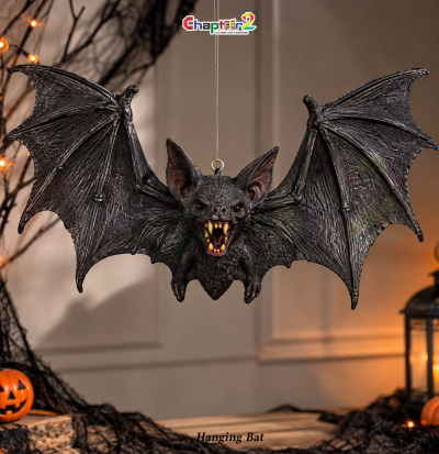 Terrify guests with this 28x11 inch Vampire hanging bat, featuring sculpted leathery wings, realistic fur texture, and bared fangs.