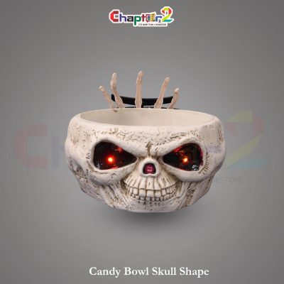 skeleton candy bowl skull shape with glowing red eyes and moving hand