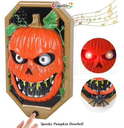 spooky pumpkin doorbell 8 inch with horror sound and spider tongue