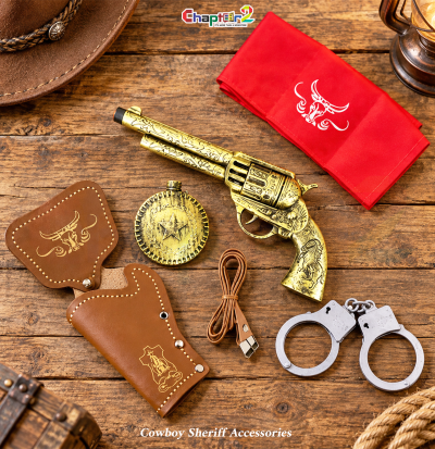 Western cowboy sheriff accessories set with golden revolver holster handcuffs and bandana