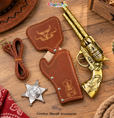 Western cowboy sheriff accessories set with gold revolver leather holster and star badge