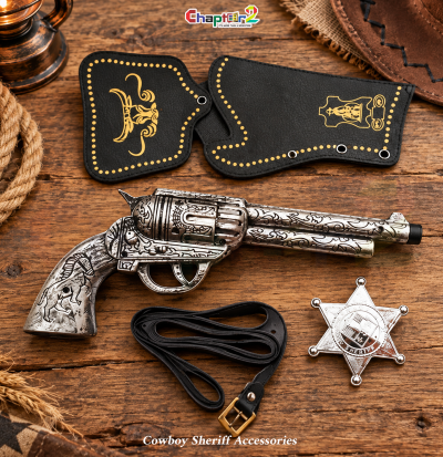 Western cowboy sheriff accessories set with silver revolver black holster and star badge