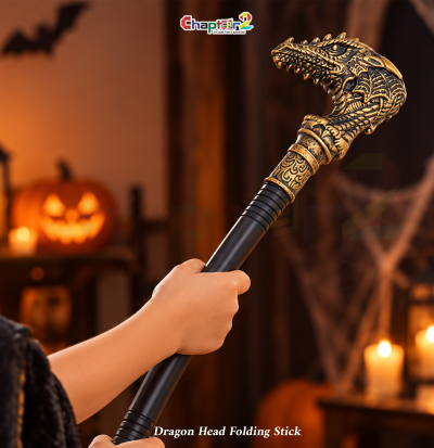 dragon head folding stick with antique gold handle for halloween cosplay