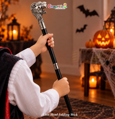Lion head folding stick with antique silver handle for halloween cosplay
