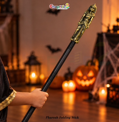 Egyptian pharaoh folding stick with antique gold statuette topper for halloween cosplay