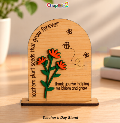 Teacher's day standee arched desk plaque with 3D orange acrylic flowers, flying bee, and wood press back support