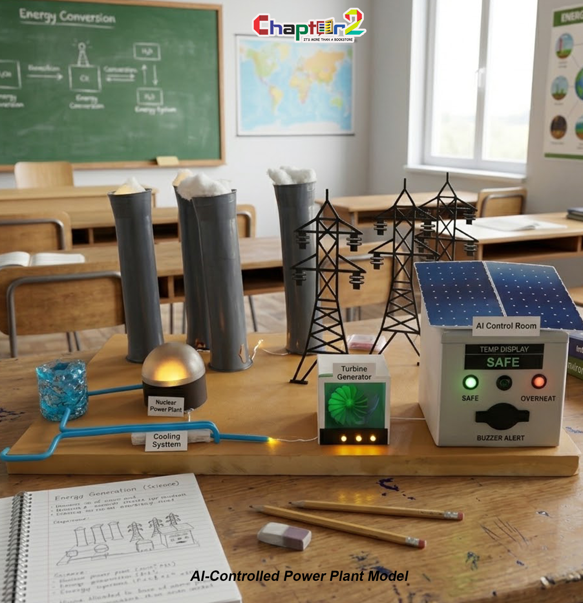6a 3d student project ai-controlled power plant model customized according to customer requirements with cooling towers solar grid and control room for school science exhibition