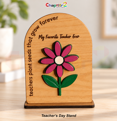 Teacher's day standee arched desk plaque with 3D purple acrylic flower and wood press back support