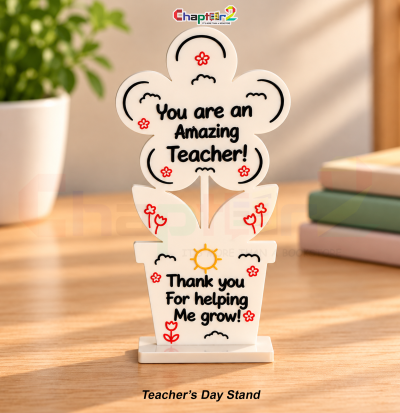 Teacher's day standee flower in a pot shaped desk plaque with thank you for helping me grow quote on white acrylic
