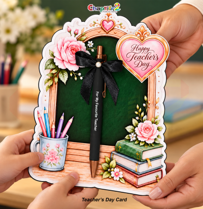 Teachers day card with pen featuring vintage chalkboard frame, pink roses, pencil cup, books, and black engraved pen