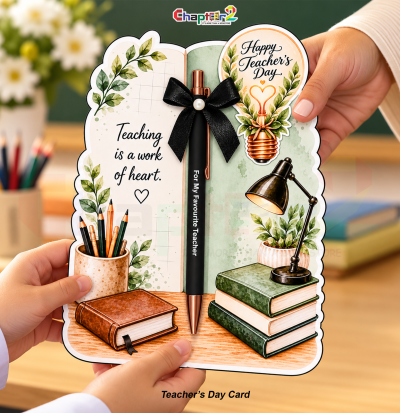 Teachers day card with pen featuring study desk artwork with vintage books desk lamp glowing bulb and executive pen